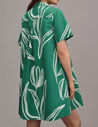 Image of Women's Short Sleeve Swing Tunic Mini Dress Button Up Blouse Shirt Summer Loose Casual Flowy A Line Short Dresses Green Flower