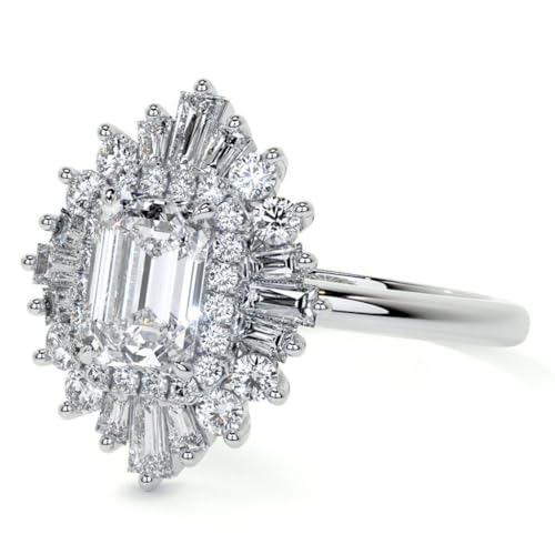 Pretty 1.95 Ct Emerald, Round & Baguette Cut Halo Diamond Wedding Ring In 14k White Gold Finish 925 Sterling Silver4