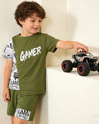 Image of OLMRJKD Boys 2 Piece Outfits Short Sleeve Colorblock T-shirt and Shorts Summer Casual Clothes for 6-12 Years