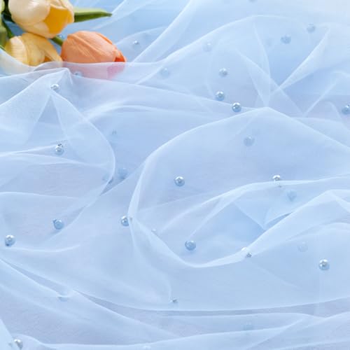 Image of MLMC 3Pcs Light Blue Pearl Table Runner Boho Rustic Tulle Table Runner with Pearls 10ft 29 inchx120 inch Cheesecloth Table Decor for Wedding Baby Shower Anniversary Home Decoration