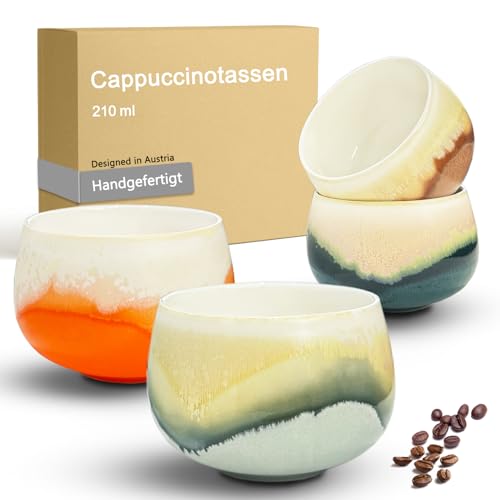OndaCore Cappuccinotassen SET 4x210ml-Weiß, Hochwertige Tassen aus Porzellan, Handgefertigte bunte Kaffeetassen, Keramik Teetassen ohne Henkel, spülmaschinenfest, Latte Macchiato, Cappuccino