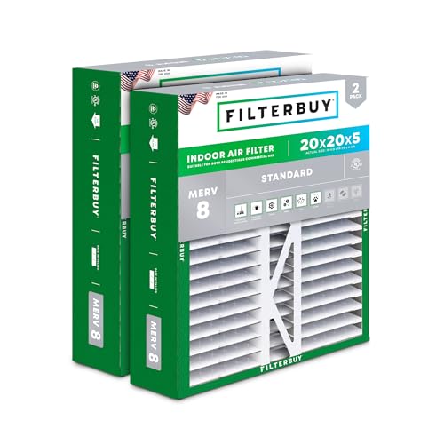 Image of Filterbuy 20x20x5 Air Filter MERV 8 Essential Dust & Allergy Defense (2-Pack), Pleated HVAC AC Furnace Filters for Honeywell FC100A1011, Lennox X0585, and More (Actual Size: 19.63 x 19.88 x 4.38)