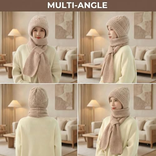 Image of Kraptick Women's Winter Cap and Scarf Set - Thick Fleece Lined Knitted Beanie Hat and Neck Warmer Muffler for Ladies, Soft & Stretchable Woolen Snow Proof for Extreme Cold -4