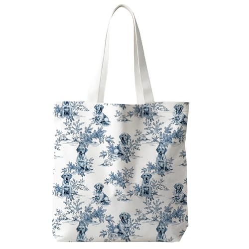 JINYO Blue Chinoiserie Labrador Retriever Canvas Tote Bag, Labrador Retriever Gifts for Women, Grandmillennial Blue and White Lab Dog Tote Bags for Women, Dog Reusable Grocery Bags Shopping Bag