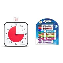 TIME TIMER 12 inch Visual Timer 60 Minute Kids Desk Countdown Clock with Dry Erase Activity Card & Expo Low Odor Dry Erase Markers