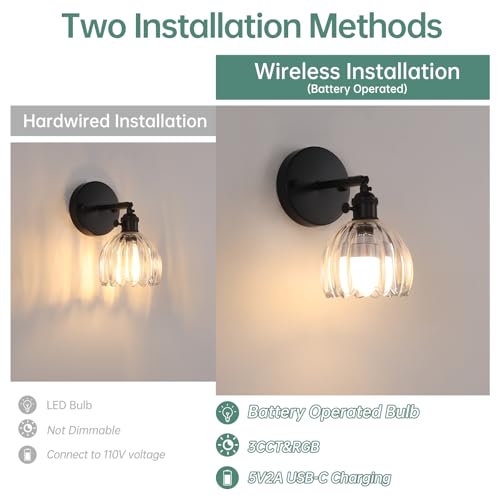 Image of Shenmoyl Vintage Battery Operated Wall Sconce with Transparent Tulip Glass Lampshade Rechargeable Battery Powered Black Wall Light with Remote Control for Bedside Bedroom Doorway