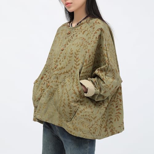 Women's Casual Jacket-Shirt Autumn Botanical Print Linen Long Sleeve Top Breathable Wind Resistant Outerwear Coat4