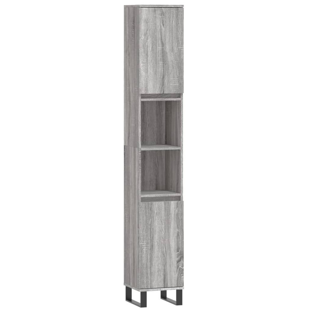 Set di mobili da bagno in legno Sonoma grigio, 3 pezzi, con mobiletto per lavabo, armadietto alto, armadietto a specchio, cassetto, scaffale, salvaspazio, per bagno e WC degli ospiti
