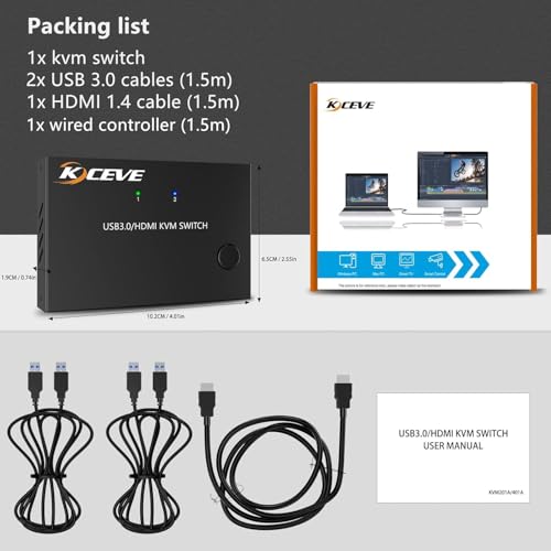 Image of KVM HDMI Switch 2 Ports, USB 3.0 KVM Switcher Support 4K@60Hz Resolution For 2 Computers Share Mouse Keyboard And Monitor
