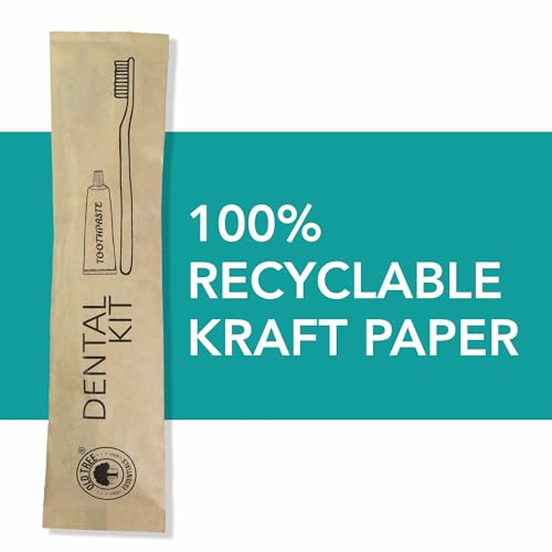 Image of Old Tree Hotel Dental Kit in Bio-Degradable Kraft Paper Pouches - (Pack of 100) - Includes 1 Manual Toothbrush & 8g Toothpaste | Eco-Friendly | Guest Amenities for Hotels, Guest Room Amenities Resorts, Guest Houses