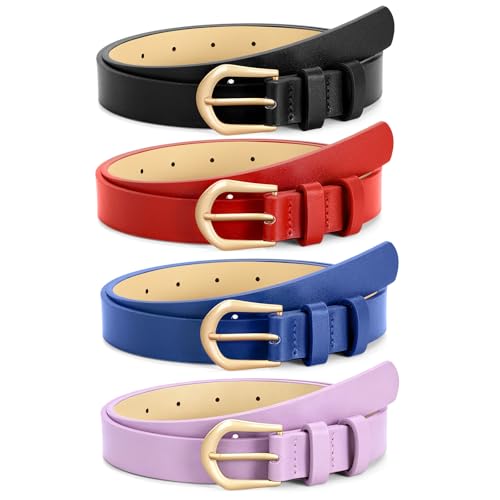 Image of VONMELLI 4 Pack Womens Thin Leather Belt Skinny Waist Belts for Women Fashion Jeans Dress with Gold Buckle
