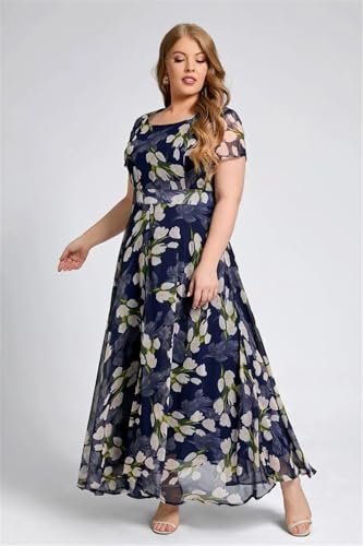 Image of Shasmi Women's Navy Blue Georgette Digital Floral Printed Floral Printing Short Sleeve A-Line Maxi Gown Dress for Women (Gown Dress 248)