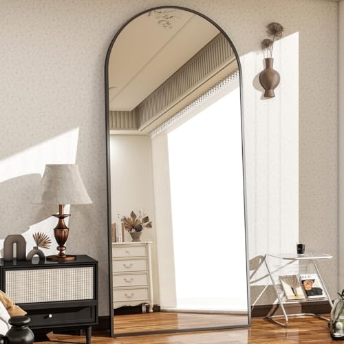 Image of Arch Top Full-Length Mirror | Floor Standing or Wall Mounted | Minimalist Design in Gold, Black & Silver | Oversized Mirror for Bedroom & Entryway (Black, 160x60cm)