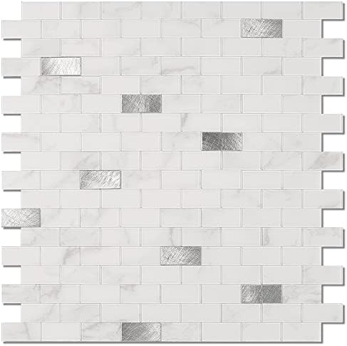 BeNice Bathroom Stick on Tiles Stickers for Kitchen Mosaic Tiles,Self Adhesive Wall Tiles Splashback Tiles Waterproof(5sheets,Cream Carrara White)