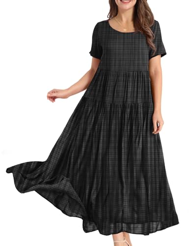 Image of YESNO Women Casual Loose Bohemian Floral Dress with Pockets Short Sleeve Long Maxi Summer Beach Swing Dress EJF