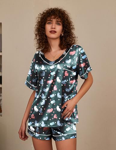 Image of Ekouaer Silk Pajama for Women Short Sleeve Satin Pj Set Two Piece Soft Sleepwear Loungewear S-XXL