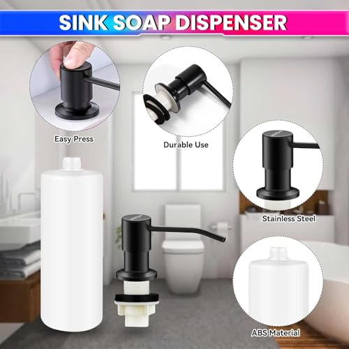 Image of amiciCare ABS Kitchen Sink Soap Dispenser Top Refill Built-In Countertop S.S Steel Dispenser Pump With 360 Degree Rotating Head And 300Ml Soap Bottle (Black Dispenser Pump With Bottle)