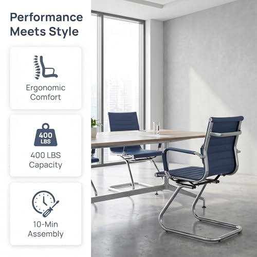 Image of HNY Leather Office Guest & Reception Chairs Set of 2, Modern Waiting Room Chairs with Arms, Desk Chair no Wheels with Sled Base for Conference Room, Navy