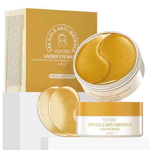 YOYORY Under Eye Patches Masks - 24K Gold Eye Patch for Dark Circles & Puffy Eyesg,Fine Lines,Eye Bags, Wrinkle,Contains Caffeine and Collagen, Hydration for Women and Men, (60 Pcs) Gold