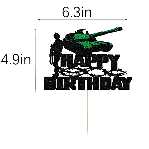 Bejotaa Black Glitter Silver Tank Soldier Cake Topper, Happy Birthday Veteran's Day Cake Topper,Military Themed Cake Topper (Black And Green) #TOP1