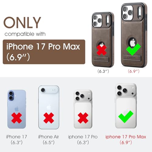 Image of Casus Designed for iPhone 17 Pro Max Case with MagSafe, Slim Kickstand Vegan Leather Protective Cover with Tempered Glass Screen Protector, 6.9 Inch (2025), Gray