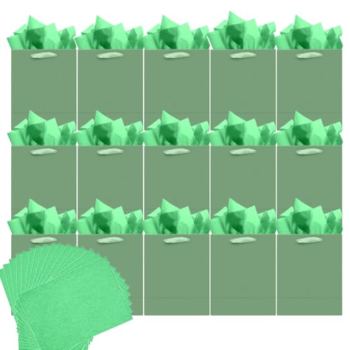 qiqee 24pcs Lake Green Gift Bags with Tissue Paper for Wedding, Birthday, Party Supplies-4.7"x6.3"x2.4" Small Size Cardboard Gift Bags（24pcs Bags + Tissue Paper ）