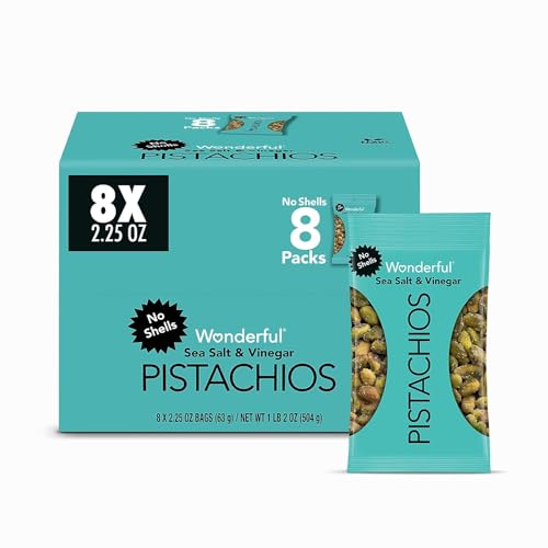Wonderful Pistachios No Shells, Sea Salt & Vinegar Flavored Nuts, 2.25 Ounce Bag (Pack of 8), Protein Snacks, Gluten Free Snacks for Adults