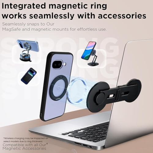 Image of RIGGEAR Shockproof Sleek Hybrid Armor 360 Rotating Magnetic Ring Stand Back Cover Case Compatible with MagSafe Accessories for Google Pixel 9A (Clear PC + Black TPU Bumper)
