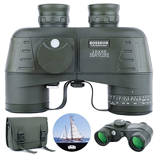 BOSSDUN Binoculars for Adults, 10x50 Marine Binoculars with Rangefinder Compass Waterproof Fog-Proof BAK4 Prism FMC Lens Military Binoculars for Navigation Boating Bird Watching and Hunting