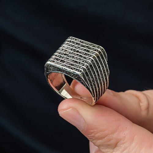 925 Sterling Silver Modern Geometric Men’s Ring – Layered Textured Square Statement Band – Handmade Architectural Style Silver Jewelry Gift2