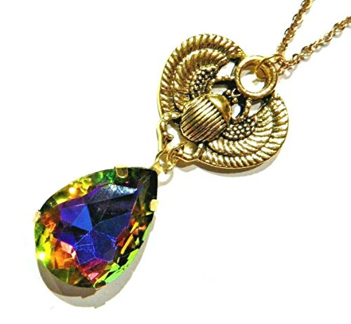 Winged Scarab Beetle and Rainbow Teardrop Watermelon Stone Pendant on 17 Goldtone Chain Egyptian Necklace