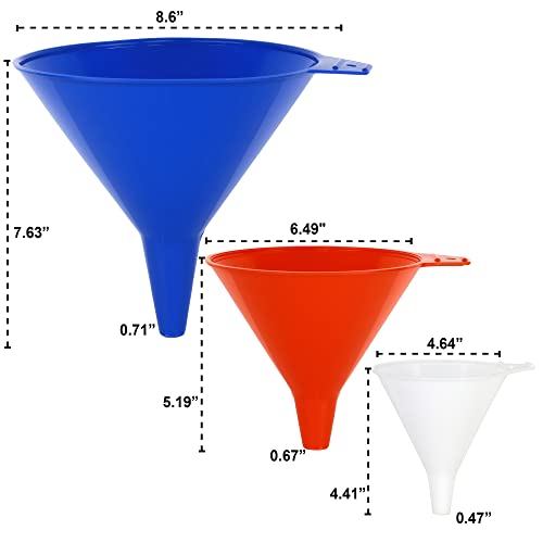 Karzone Plastic Funnel For Automotive Use - Kitchen Funnels For Filling Bottles, Jars, Containers Or Lab Use - Oil Funnel For Gas, Car Oil, Lubricants And Fluids (Colorful-3 Pack) #TOP1