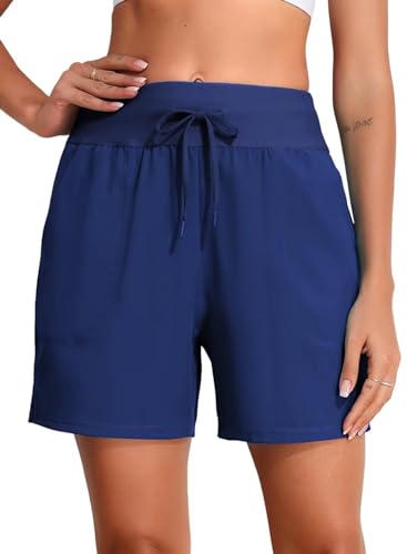 BLENCOT Blue Women Swimming Shorts High Waisted Quick Dry UPF50+ Summer Board Swimming Shorts Boyleg with Liner, 6-8