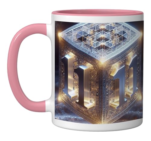 Angel Number 1111 with Metatron's Cube Ceramic Mug, Pink/White