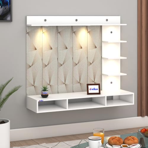 Image of Anikaa Tyron Engineered Wood Wall-Mount TV Unit with PVC Back Panel & LED Lights | TV Cabinet with Storage Box & Decorative Shelves (White) | Ideal for TVs up to 43 Inch | DIY Installation