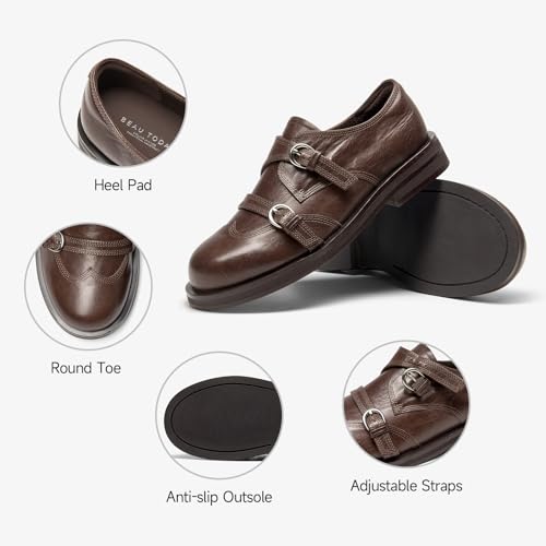 Image of BEAU TODAY Women's Leather Loafers, Wingtip Brogue Monk Strap Shoes
