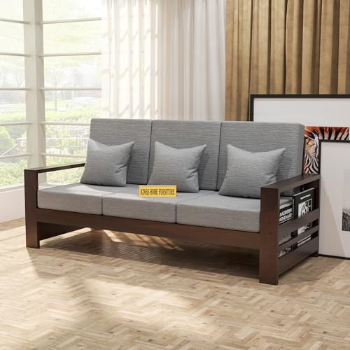 Image of Sheesham Wooden 3 Seater Sofa for Living Room | Rosewood 3 Seater Cushion Sofa with Side Rack | Solid Wood Sofa Set for Lounge (3 Seater,Walnut Finish)