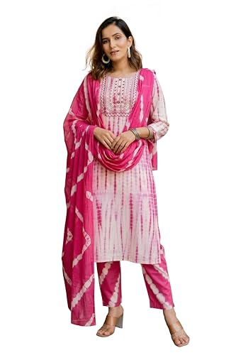 Image of MIRCHI FASHION Pure Cotton Women Straight Embellished Ajrakh Print Kurti Set with Dupatta and Pant