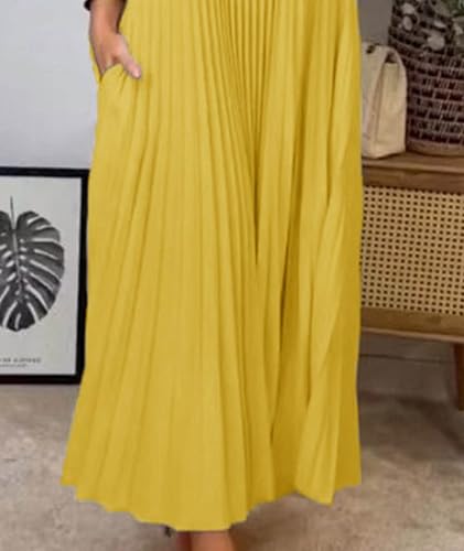 Image of SEMATOMALA Women's Pleated Short Sleeve Maxi Dress Crewneck Loose Fit Flowy Swing Long Dress with Pockets