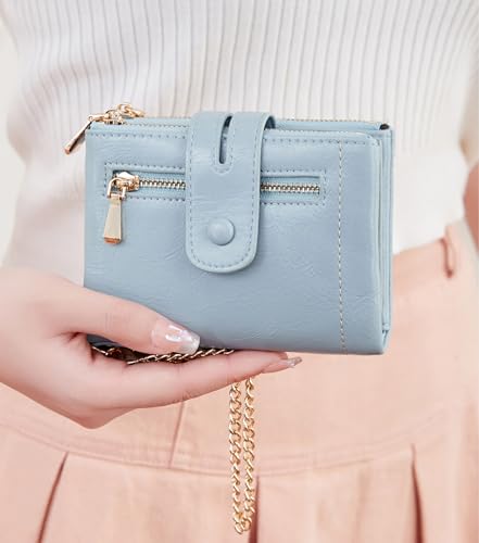 Image of AOXONEL Wallets for Women Small Rfid Bifold Leather Ladies Wallet,Travel Billfolds Medium Size Card Holder with Removable Wristlet Chain,Multi-Card Slots,ID Window,Double Zipper Coin Pocket (Blue)