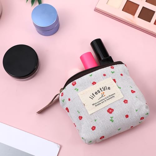 Mini Makeup Bag, 4 Pcs Linen Floral Small Makeup Bag for Purse Portable Small Zipper Pouch Cute Fabric Mini Cosmetic Bags for Women Girls Home Travel Lipstick Coin Cards Storage (4 Style)4