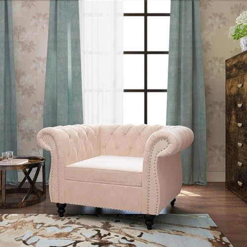 Image of A to Z Furniture Modern Classic Fabric & Valvet Tufted Chesterfield Sofa Living Room and Office (Beige)