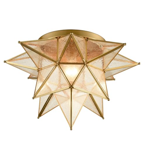 DAYCENT Gold Moravian Star Ceiling Light Fixture Modern Moroccan Seeded Glass Brass Flush Mount Ceiling Lights for Hallway Bedroom Kitchen, 18 Inches