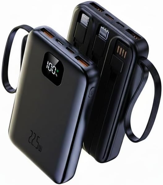 [5-in-1] 22.5W Fast Charging Power Bank 10000mAh, Compact Portable Charger with 4 Built-in Cables & LED Display, 5 Outputs & 3 Inputs Battery Pack for iPhone Android and More (Black, 10000mAh)