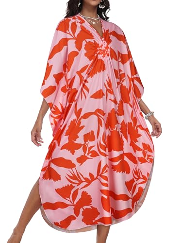 CHICGAL Womens Kaftan Dresses Long Caftans Plus Size Batwing Sleeve Swimsuit Coverup V Neck Summer Beach Dress (Red Flowers,One Size)