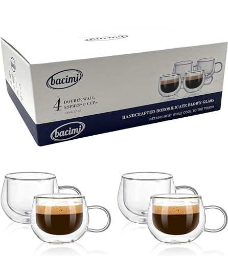 Bacimi® Double Wall Insulated Espresso Coffee Cups 3.5oz Clear Borosilicate Cup with Handle - Thermal Drinking Cups for Espresso, Cappuccino, Latte, Tea - Microwave Safe Set of 4