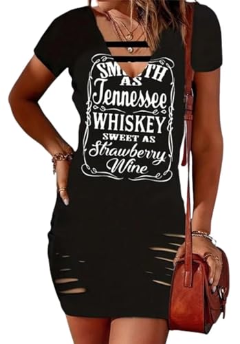 Smooth As Tennessee Whiskey Sweet As Strawberry Wine Mini Dress Women Cut Out V Neck Slim Bodycon Short Mini Dresses(Small,Black)