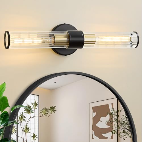Image of Bathroom Light Fixtures, Black Gold Wall Sconce in Threaded Glass Vanity Light, Modern Bathroom Wall Light for Bedroom, Living Room - Bulb Not Included