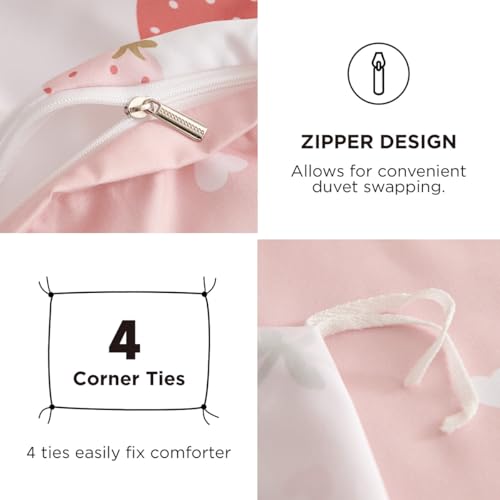 Image of Girls Duvet Cover Set Twin Size Pink White Strawberry and Heart Pattern Reversible Bedding Set Cartoon Cute Style,Soft Microfiber Comforter Cover with Zipper Closure and 1 Pillowcase