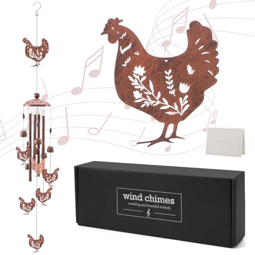 INCOK Chicken Wind Chimes for Outside - Metal Windchimes Outdoors Chicken Gifts Rooster Garden Decor with Greeting Card for Women Men Mom Grandma Birthday Home Patio Porch Backyard Yard Decoration